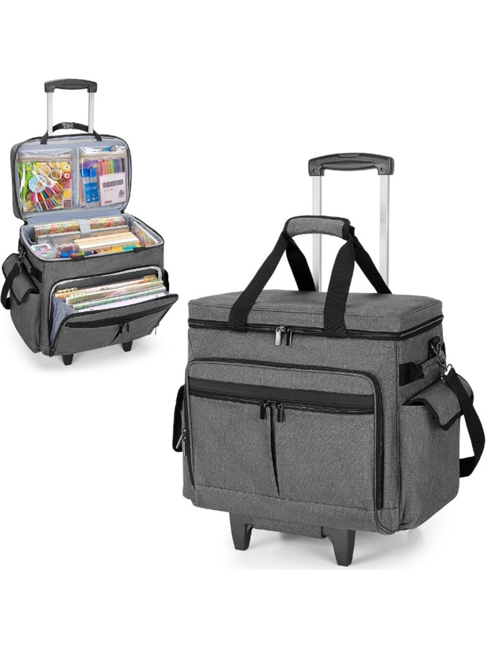 Rolling Scrapbook Tote with Trolley, File Pocket & Craft Organizer - Perfect for